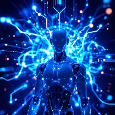 Futuristic Android Standing Before Glowing Digital Circuitry Network