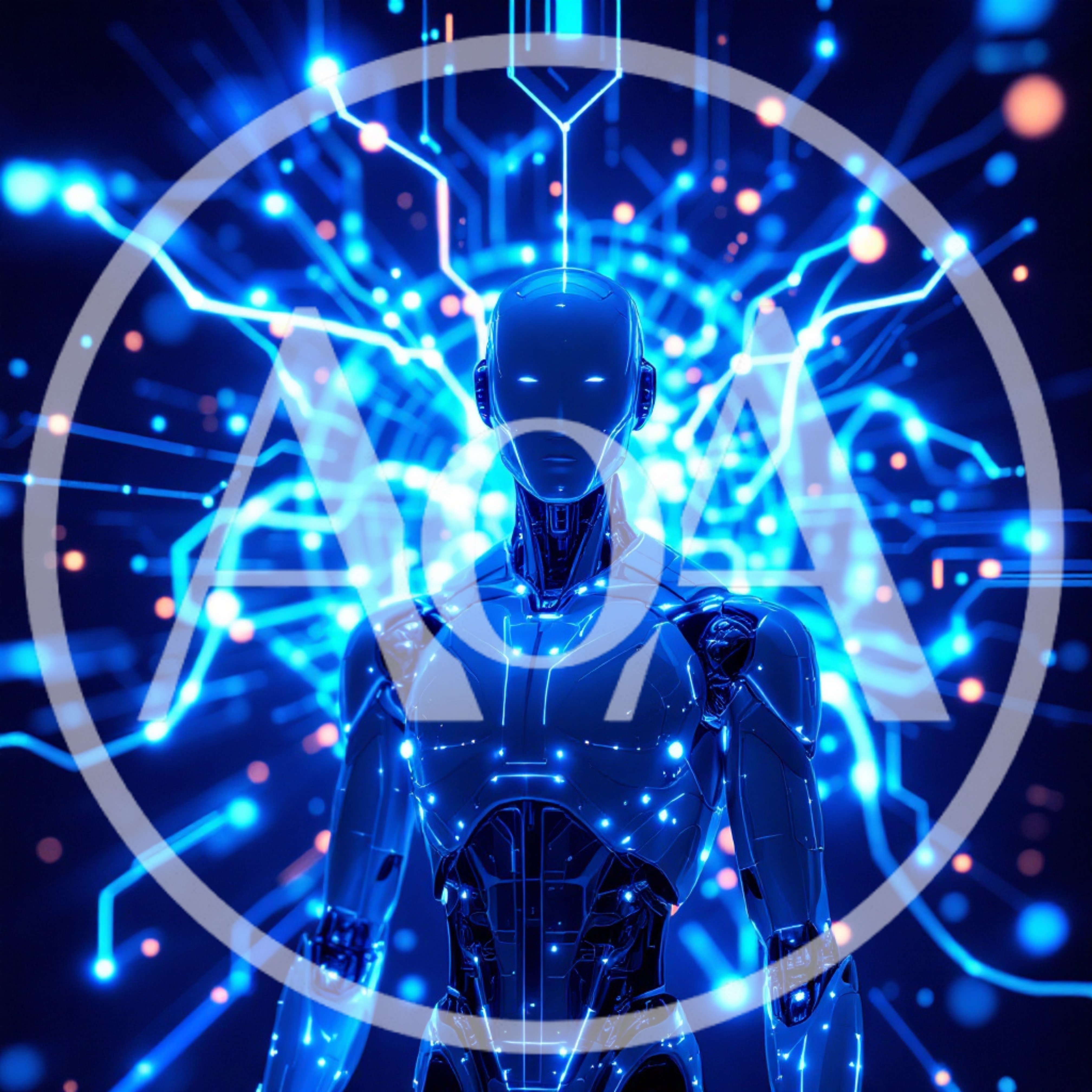 Futuristic Android Standing Before Glowing Digital Circuitry Network