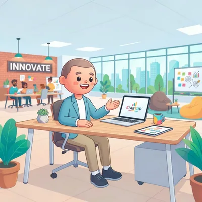 Cartoon Businessman Presenting Startup Project In Modern Office