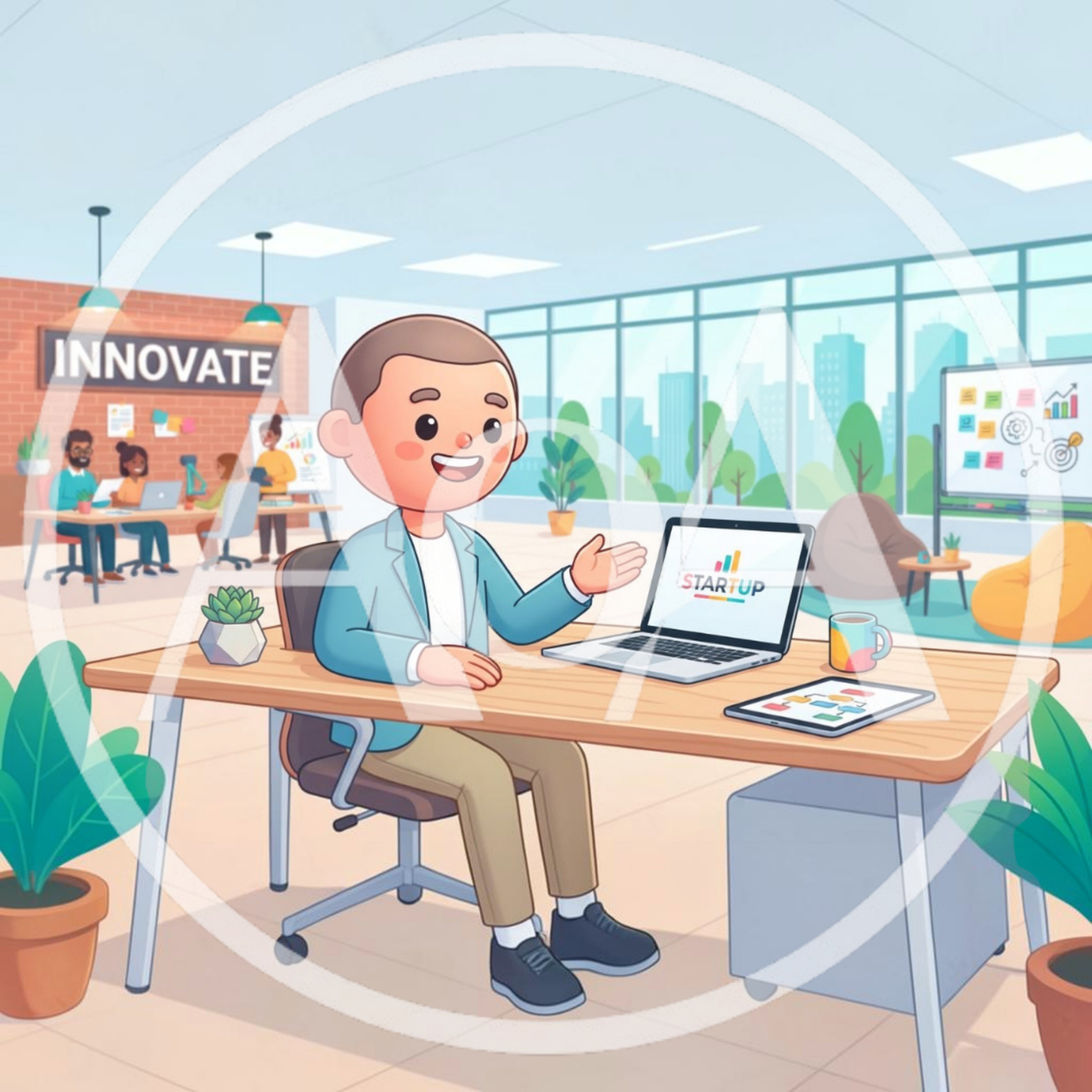 Cartoon Businessman Presenting Startup Project In Modern Office