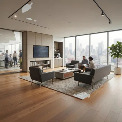 Business Professionals Collaborating in Modern Office Lounge