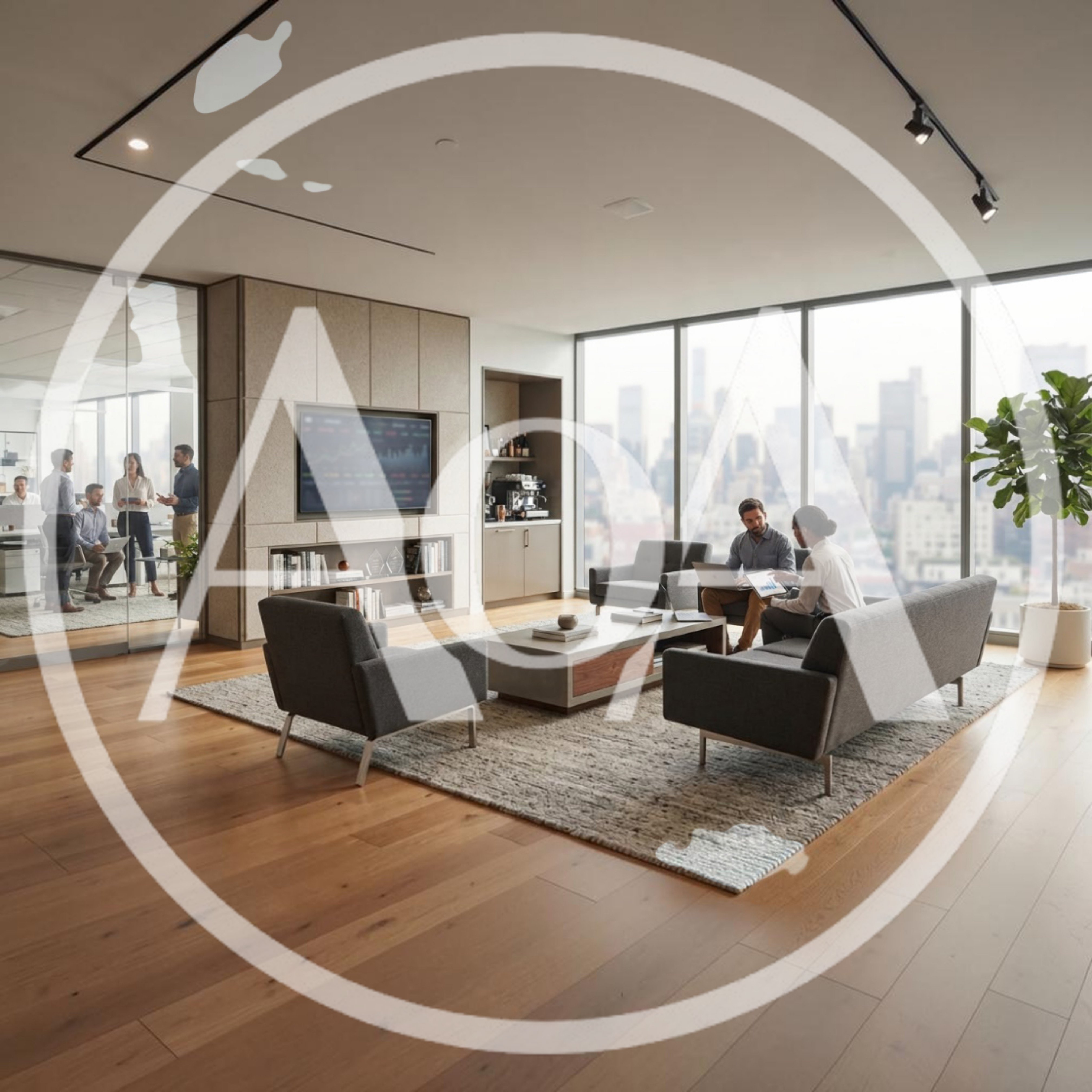 Business Professionals Collaborating in Modern Office Lounge