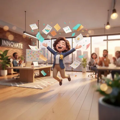 Cartoon Businesswoman Celebrating Success In Modern Office