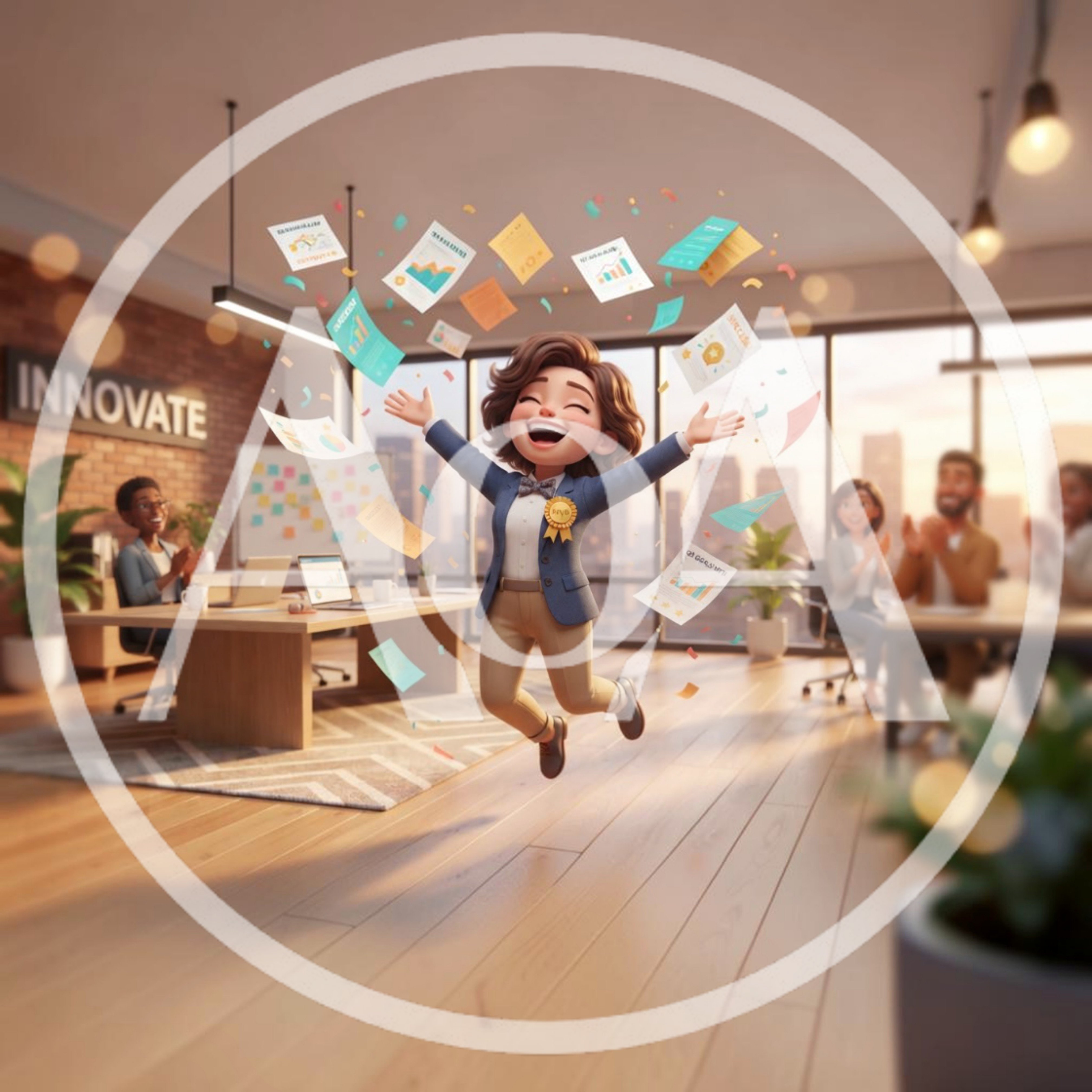 Cartoon Businesswoman Celebrating Success In Modern Office