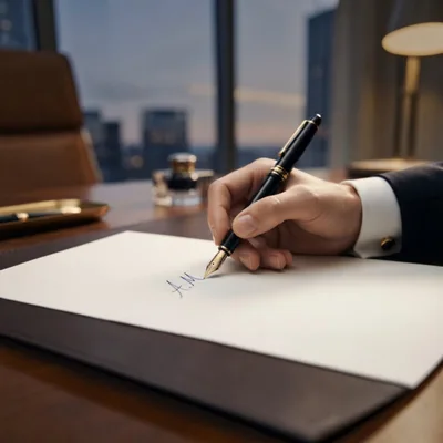 Businessman Signing Document With Fountain Pen In Office