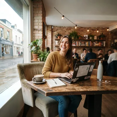 Young Woman Working On Laptop In A Cozy Cafe