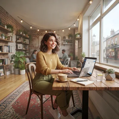 Young Woman Working On Laptop In Cozy Cafe
