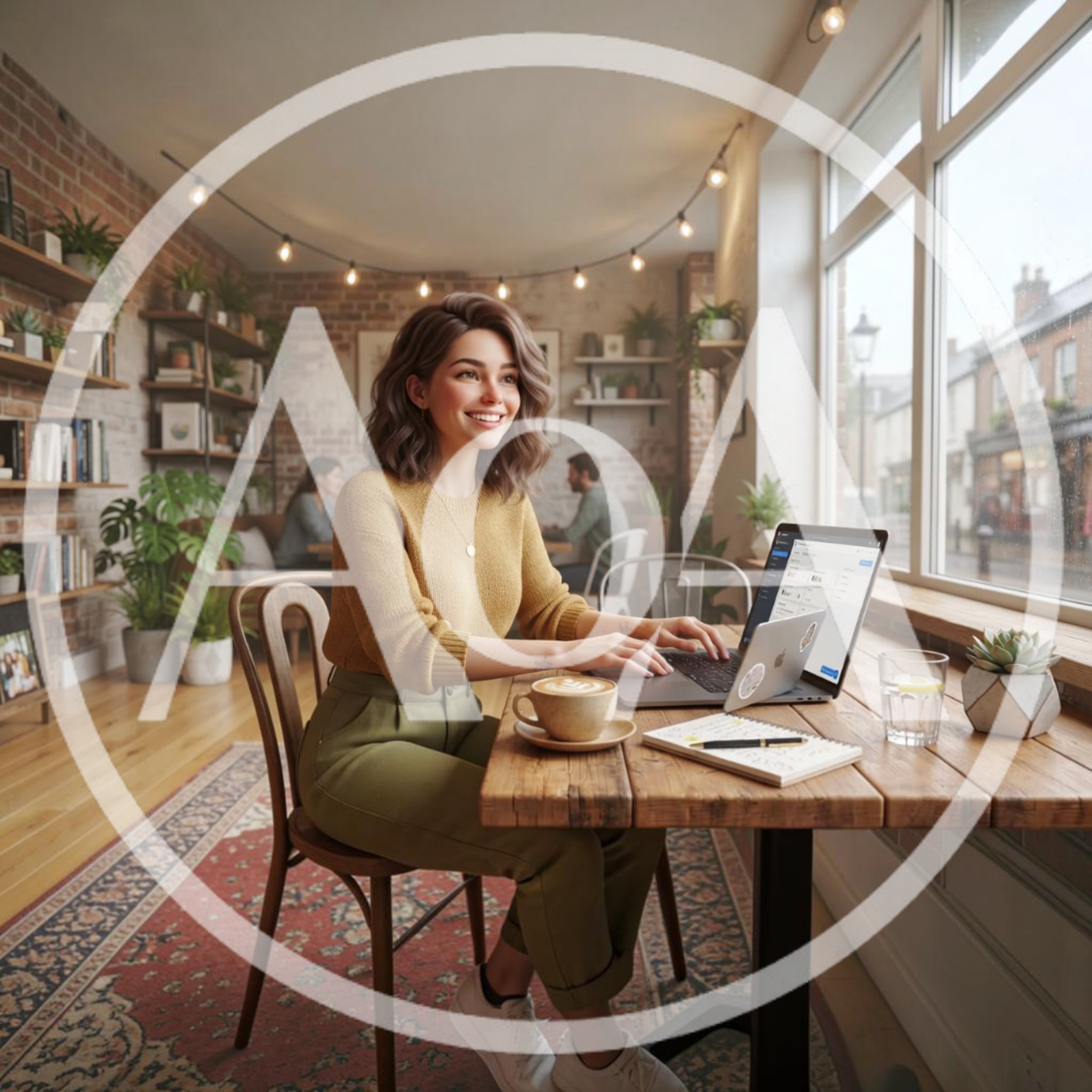 Young Woman Working On Laptop In Cozy Cafe