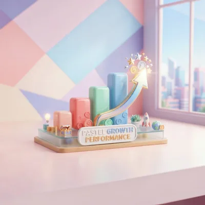 3D Pastel Growth Performance Chart With Rocket And Icons
