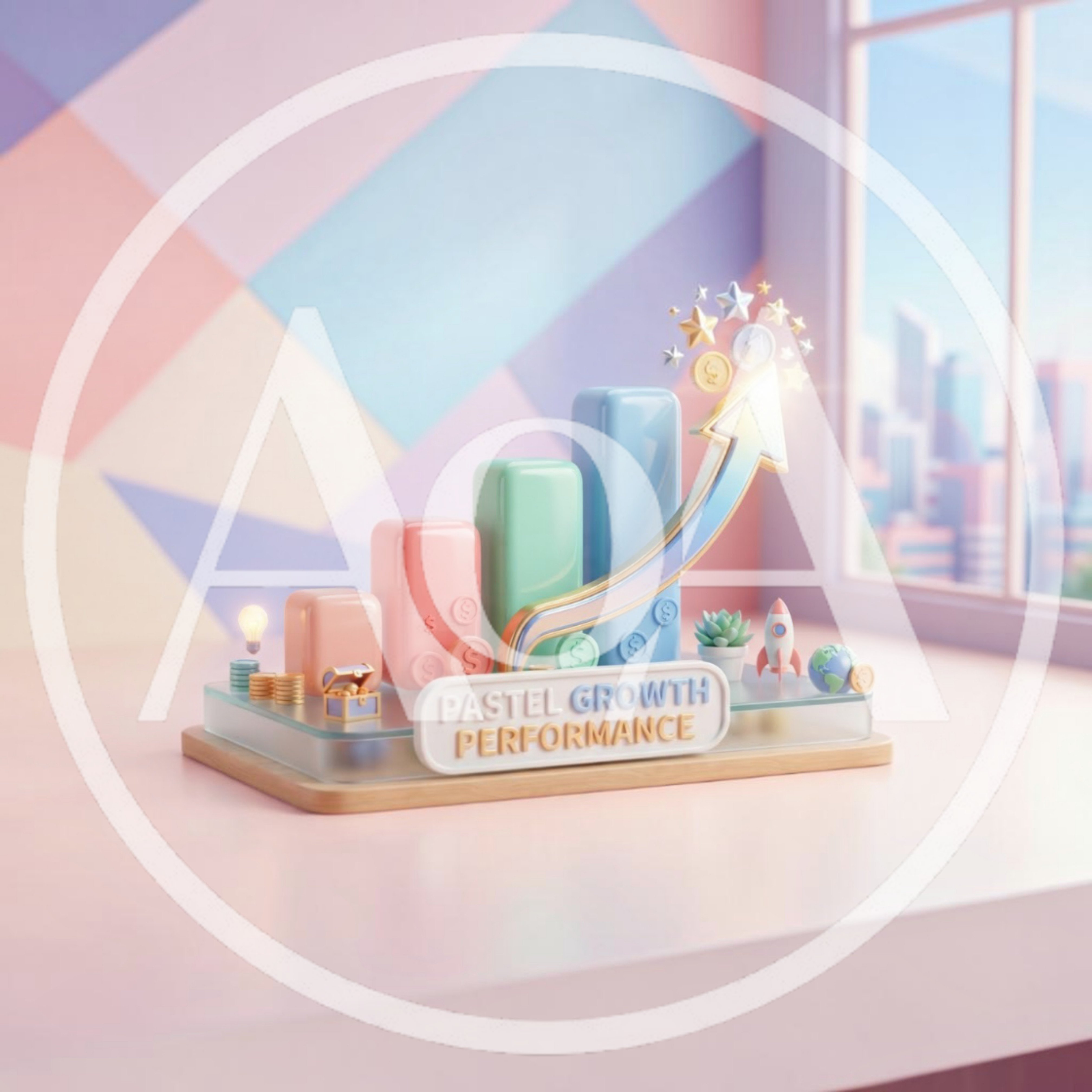 3D Pastel Growth Performance Chart With Rocket And Icons