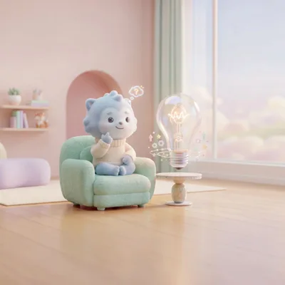 Cute Blue Character Thinking About A Floating Lightbulb