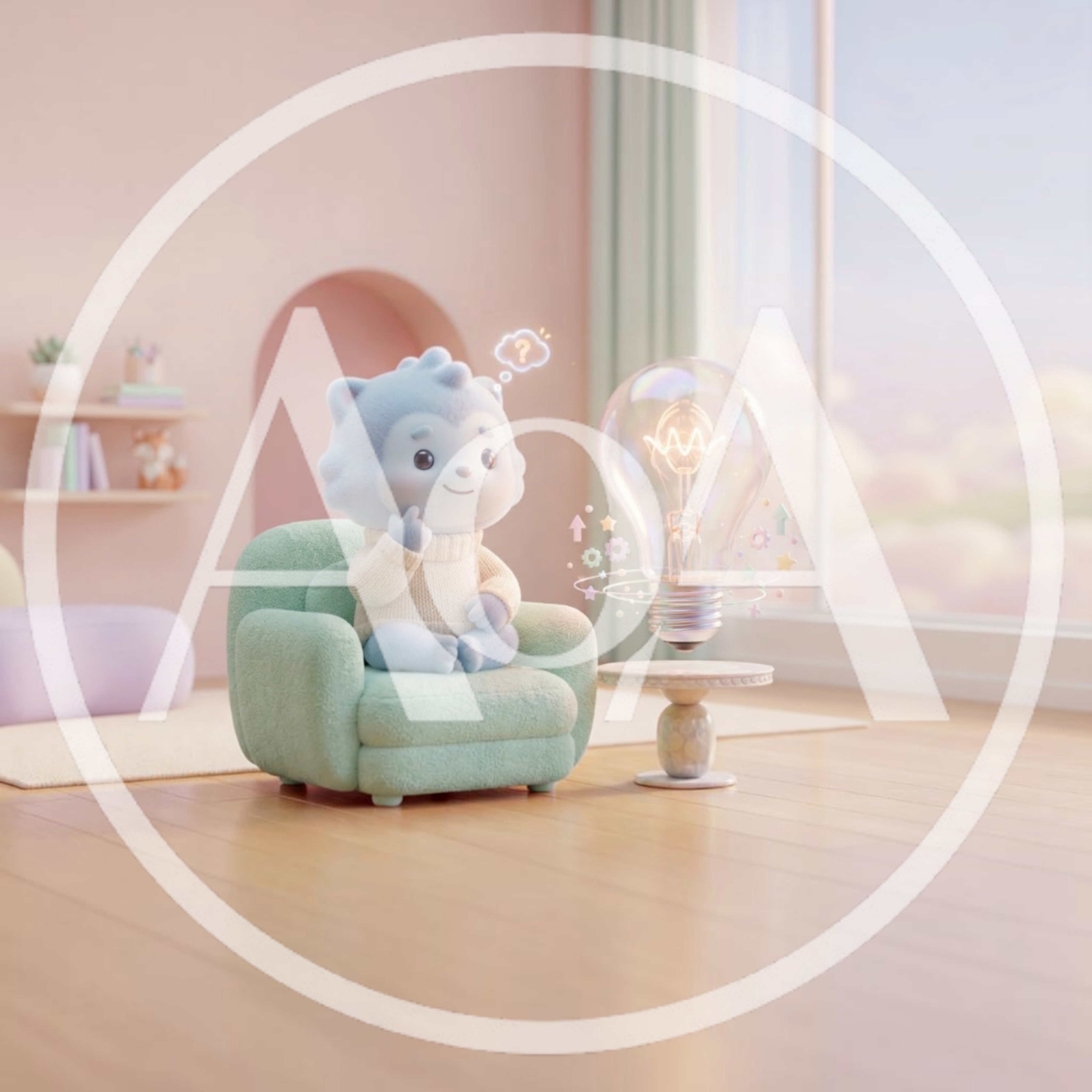 Cute Blue Character Thinking About A Floating Lightbulb