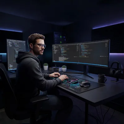 Software Developer Working Late In A Dark Office