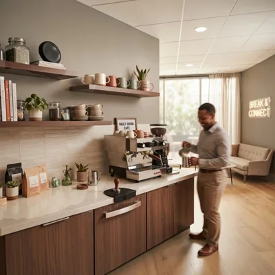 Professional Man Preparing Coffee in Modern Office Kitchen
