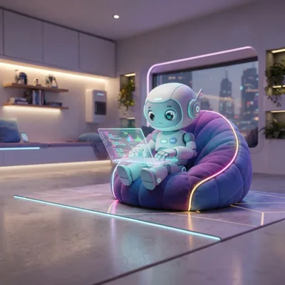 Cute Robot Coding on Holographic Laptop in Modern Room