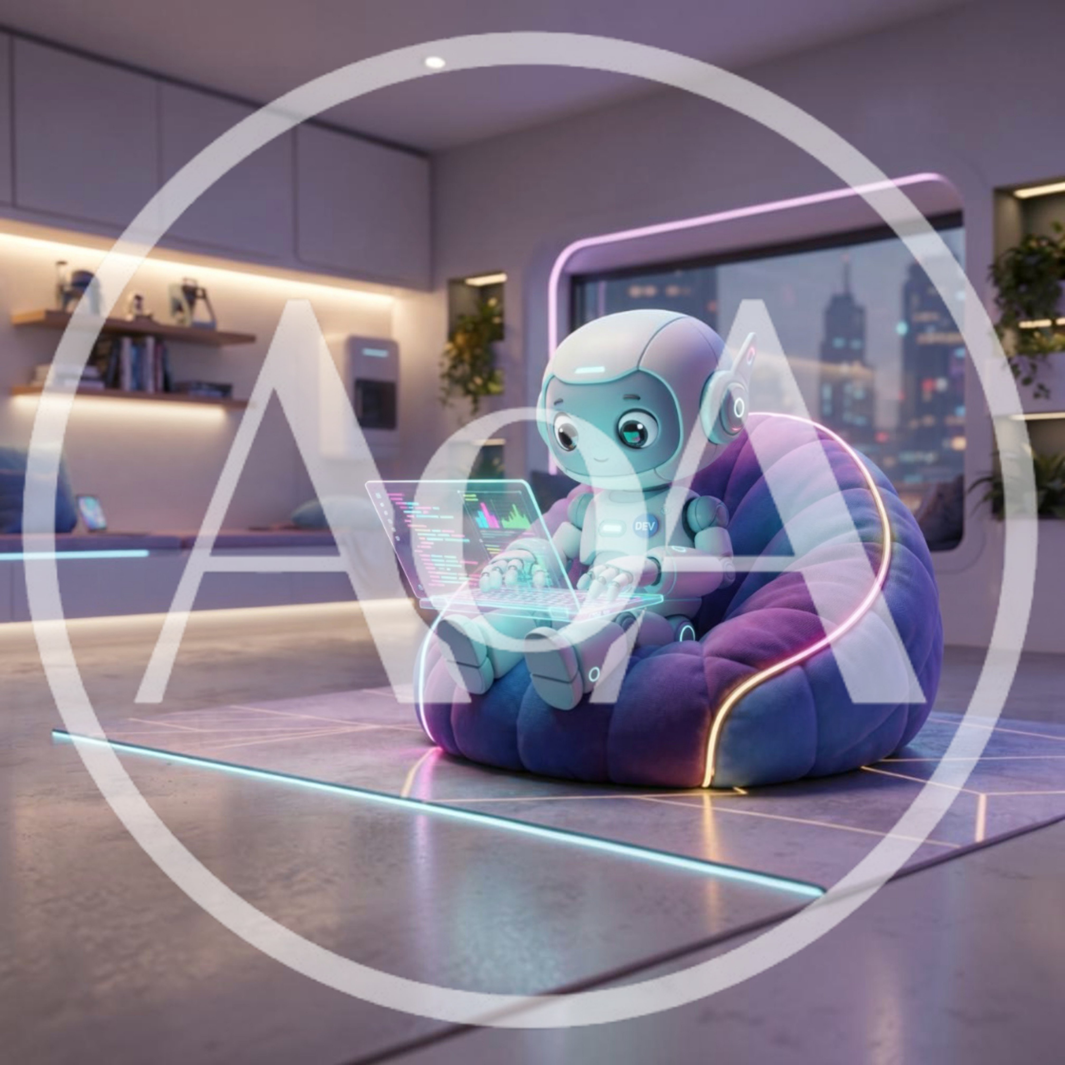 Cute Robot Coding on Holographic Laptop in Modern Room