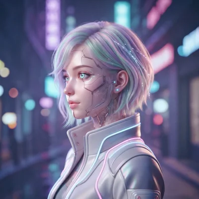Cybernetic Woman With Pastel Hair In Neon City