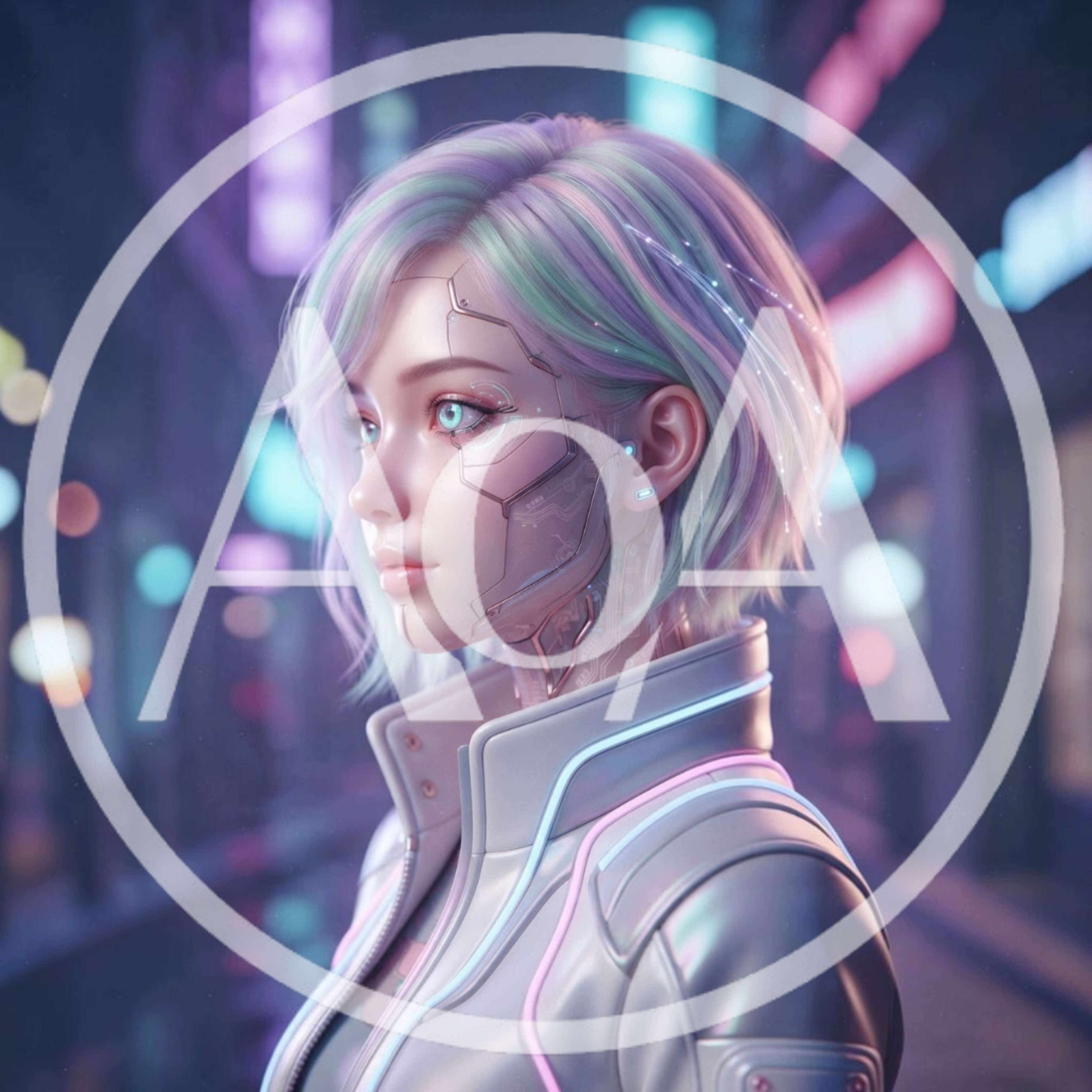 Cybernetic Woman With Pastel Hair In Neon City