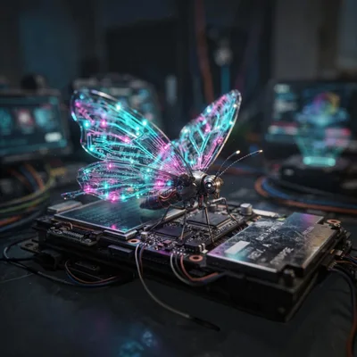 Mechanical Butterfly Resting On A Computer Circuit Board