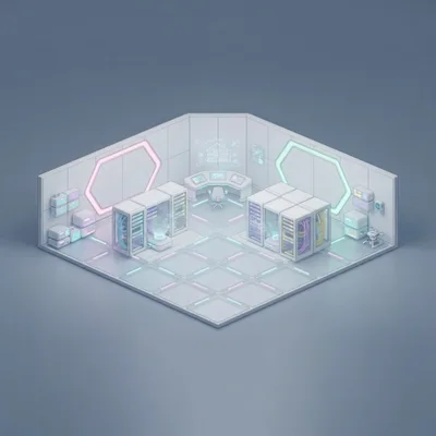 Isometric Futuristic Server Room With Glowing Neon Accents