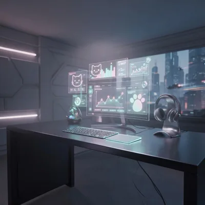 Futuristic Workspace With Holographic Cat Themed Data Interface