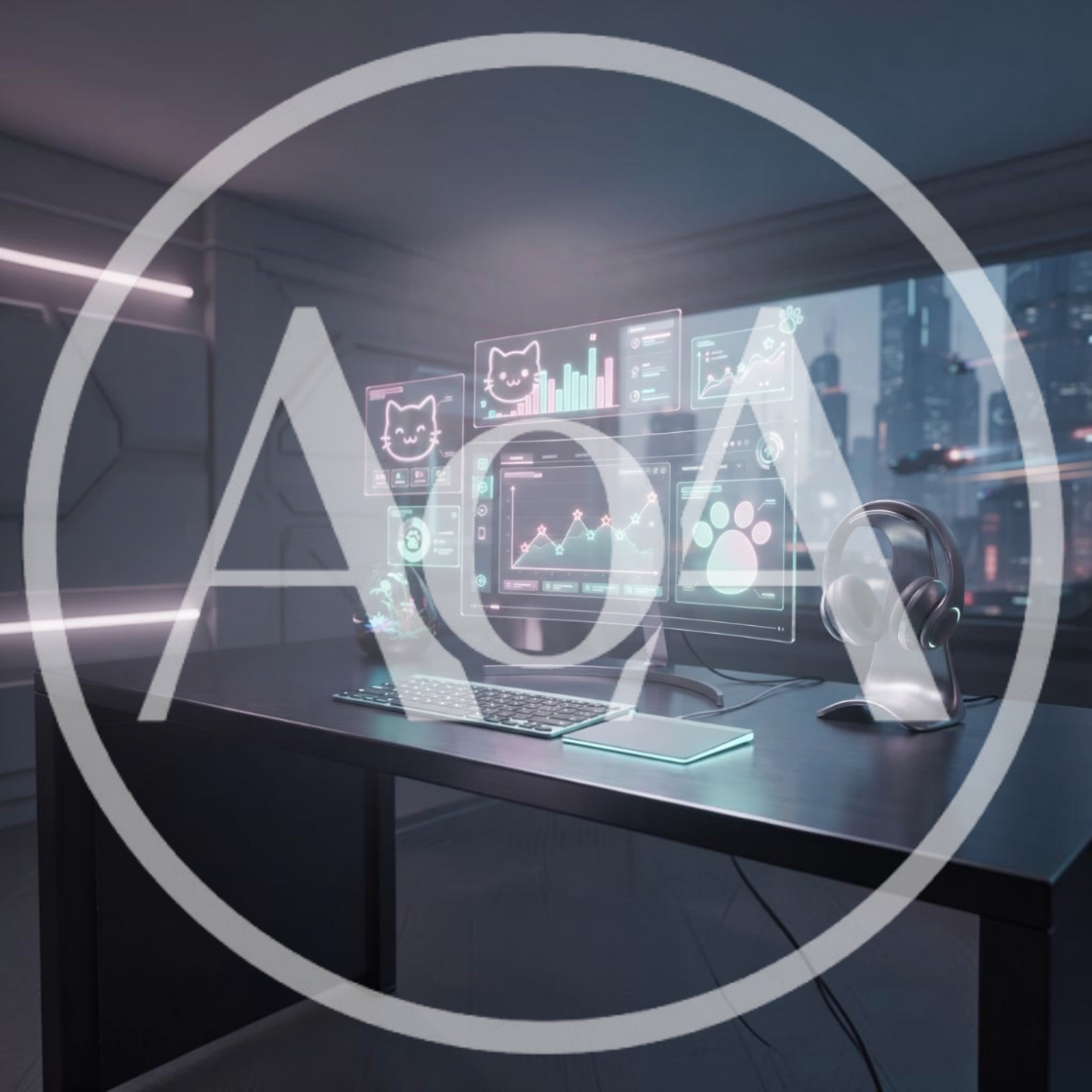 Futuristic Workspace With Holographic Cat Themed Data Interface
