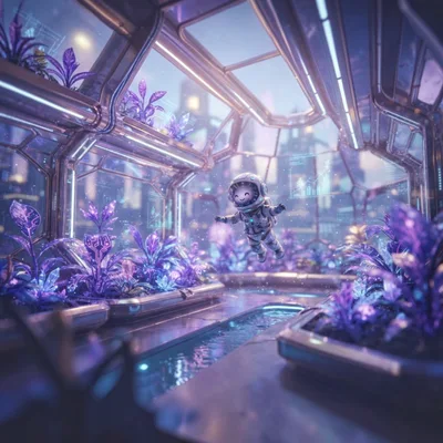 Cute Astronaut Floating In Futuristic Purple Greenhouse