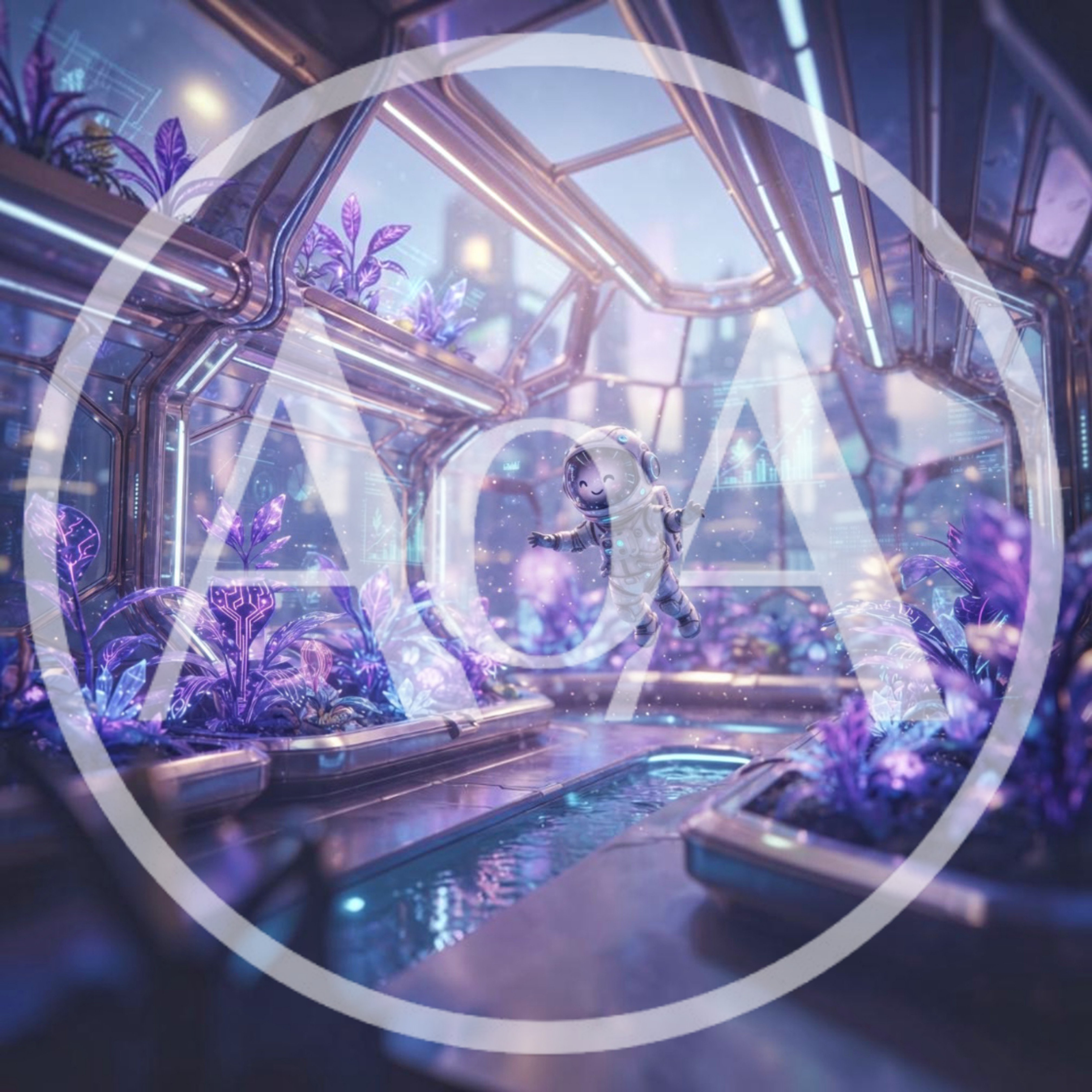 Cute Astronaut Floating In Futuristic Purple Greenhouse
