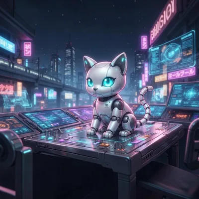 Cybernetic Robotic Cat Sitting On Futuristic Control Console