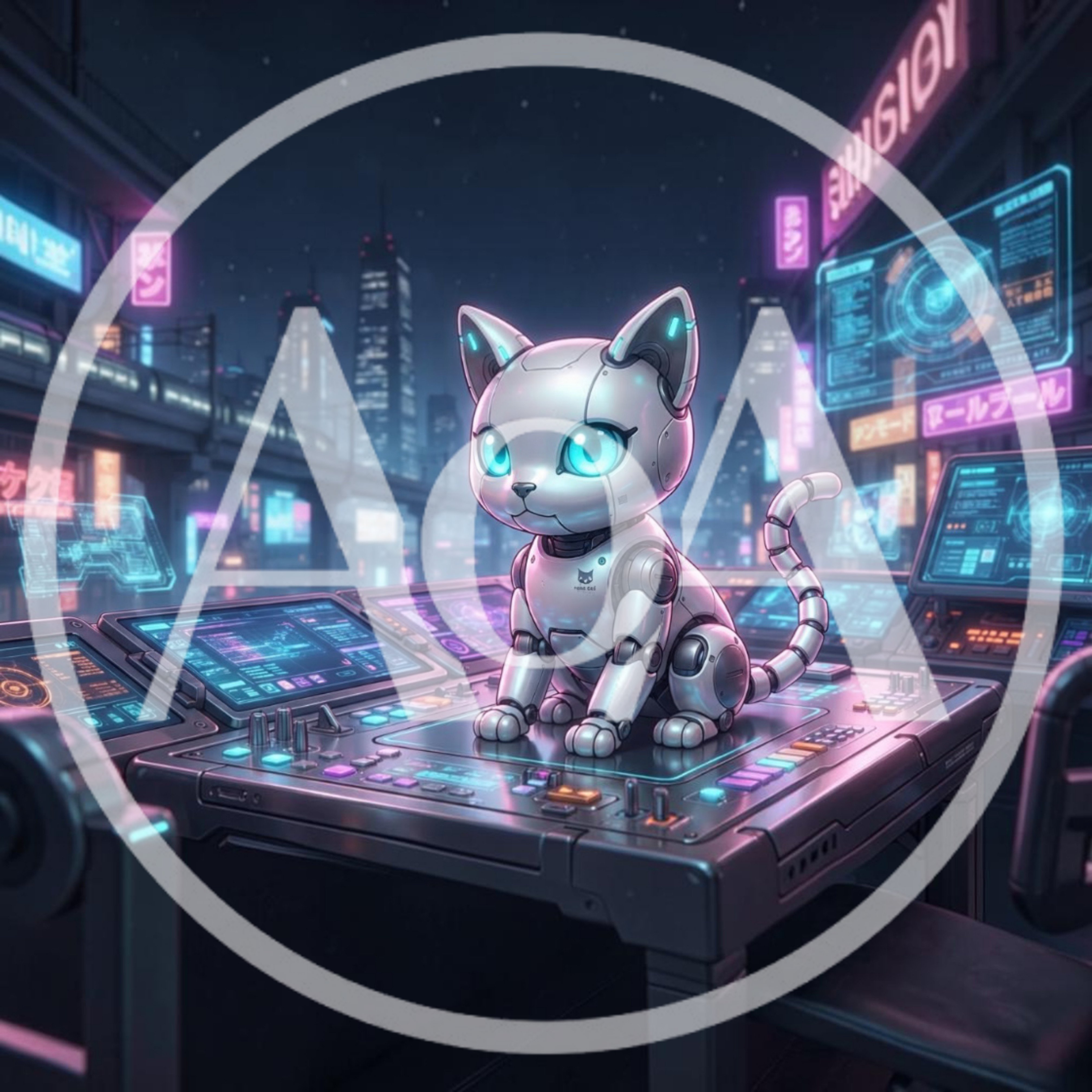 Cybernetic Robotic Cat Sitting On Futuristic Control Console