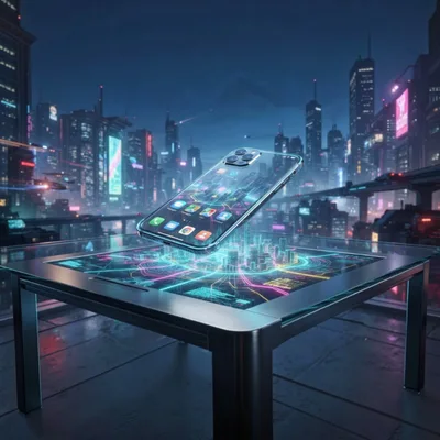 Futuristic Smartphone Floating Above Holographic City Table