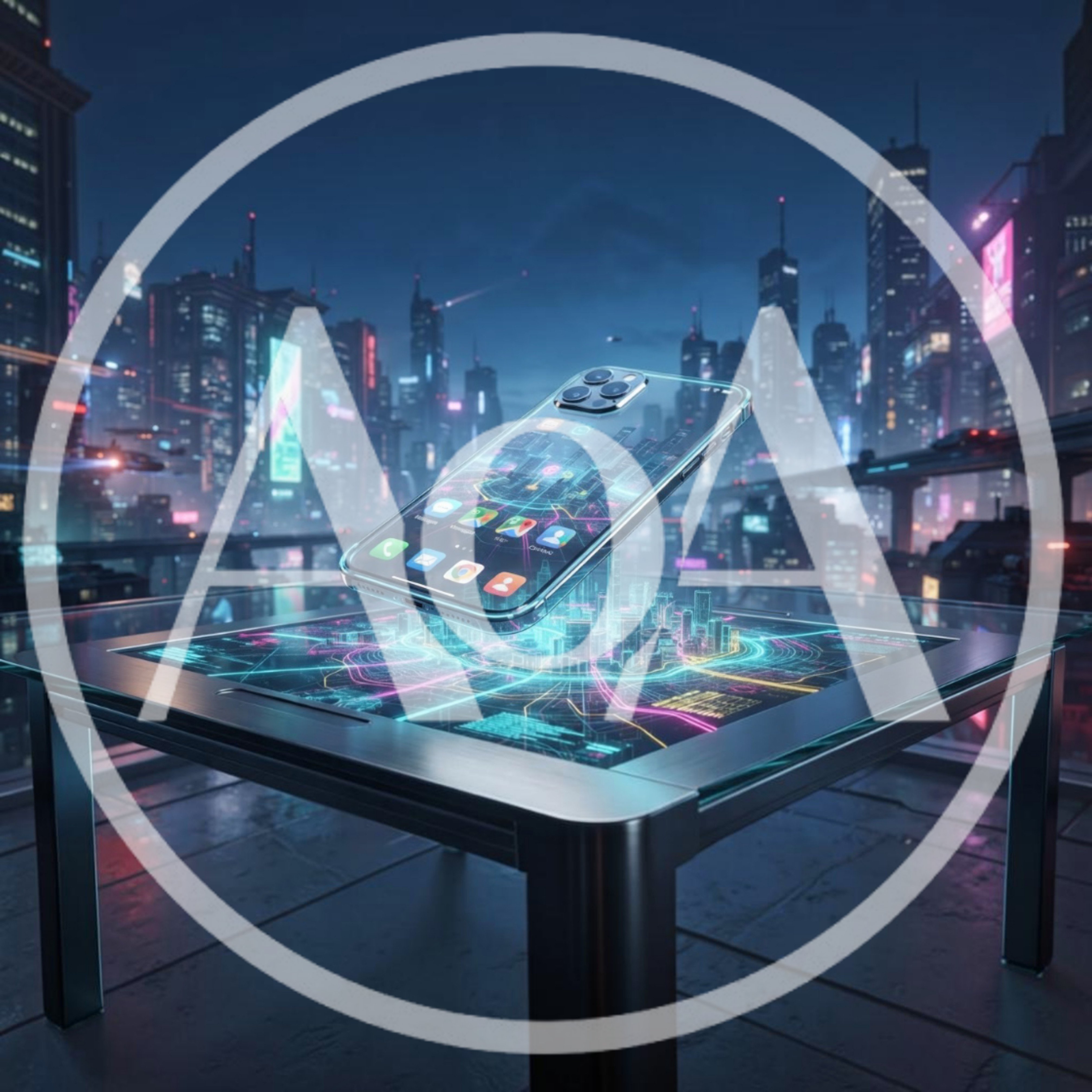 Futuristic Smartphone Floating Above Holographic City Table