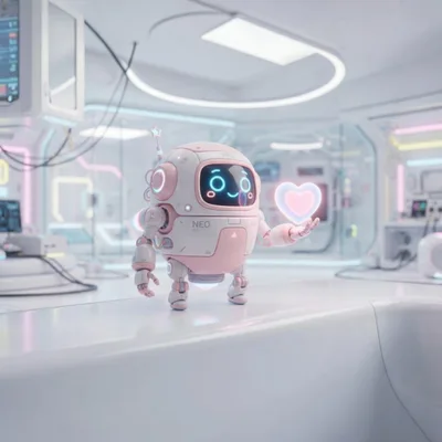 Cute Neo Robot Holding A Glowing Heart In Laboratory
