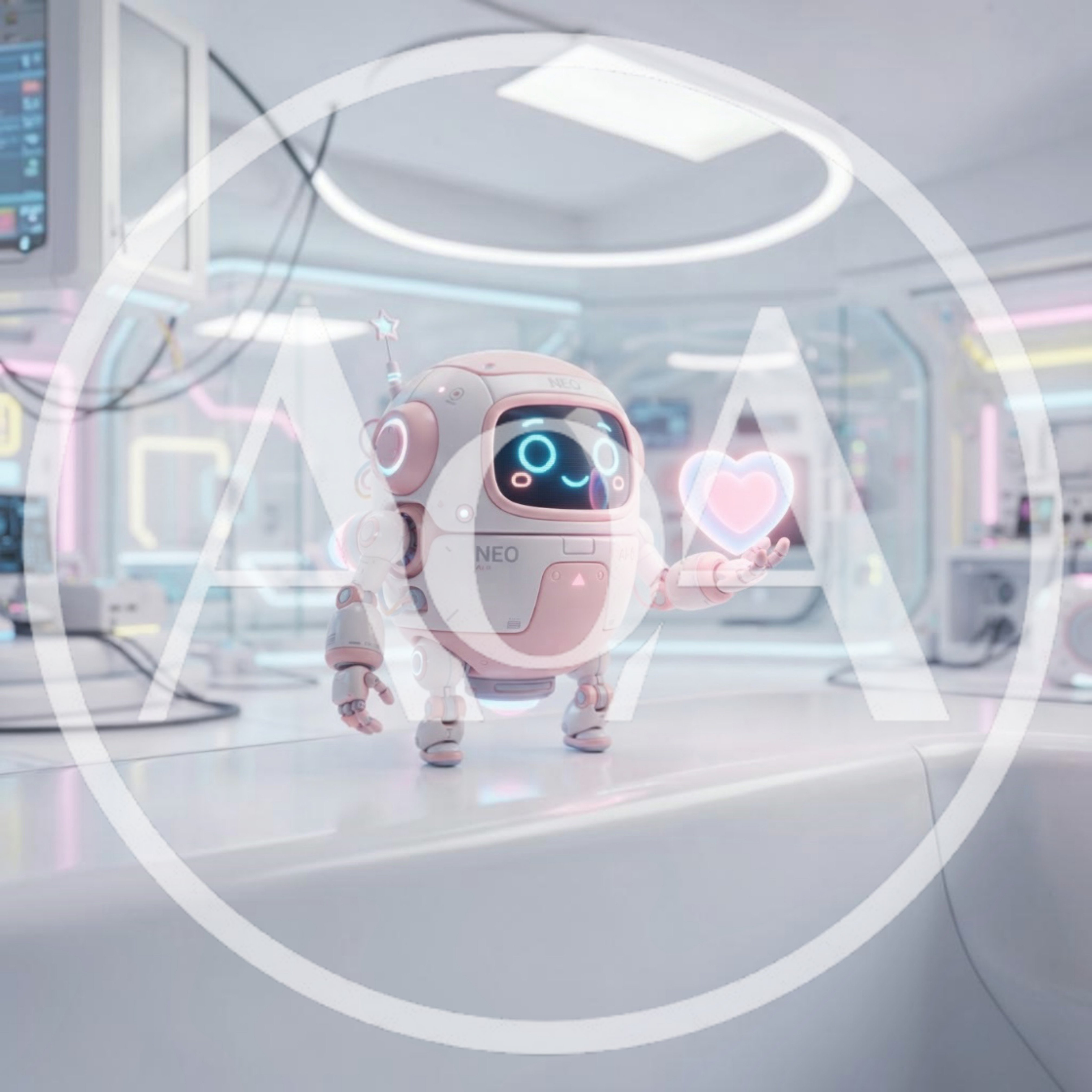 Cute Neo Robot Holding A Glowing Heart In Laboratory