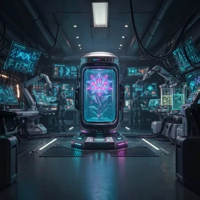 Futuristic Laboratory With Glowing Bioluminescent Flower In Stasis Pod