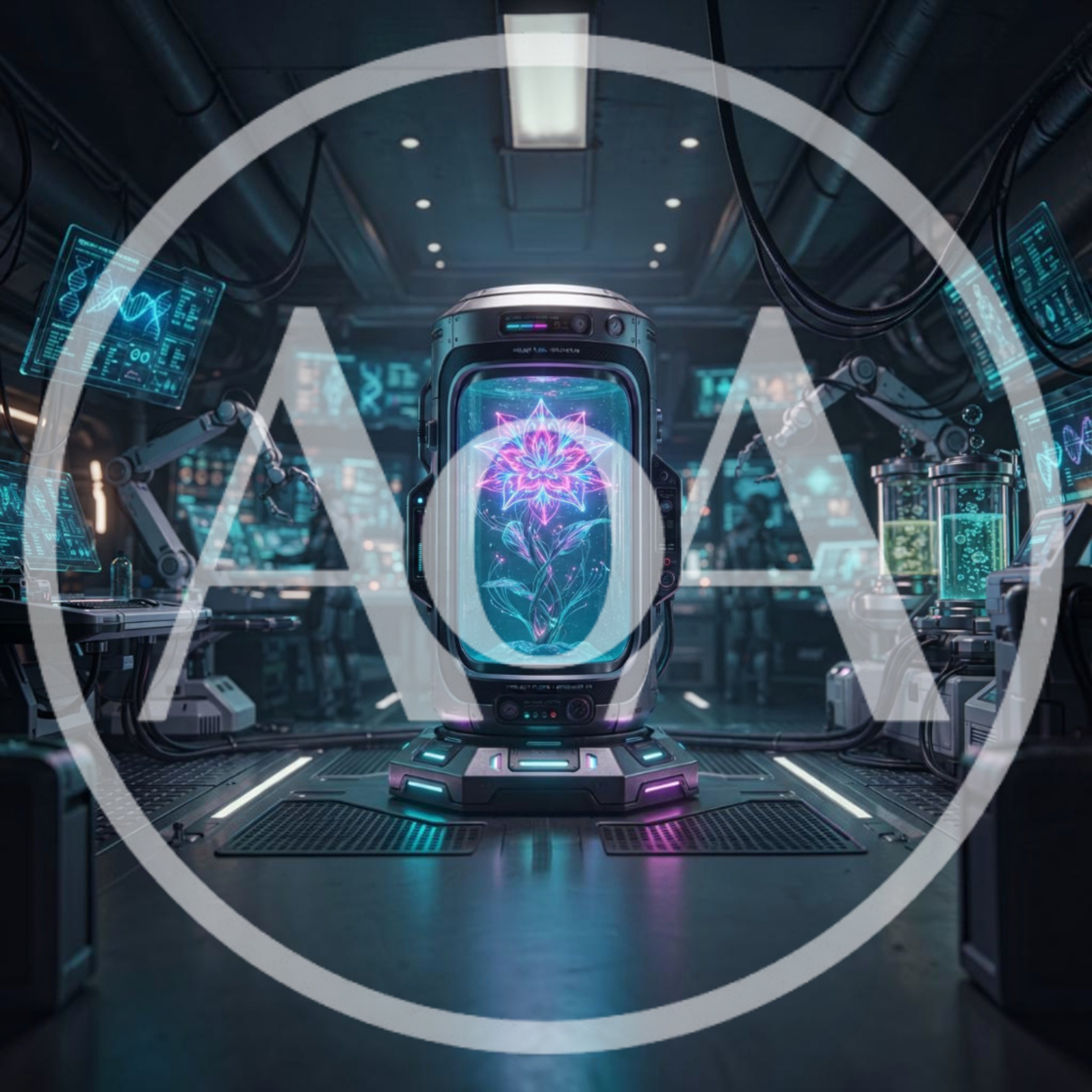 Futuristic Laboratory With Glowing Bioluminescent Flower In Stasis Pod