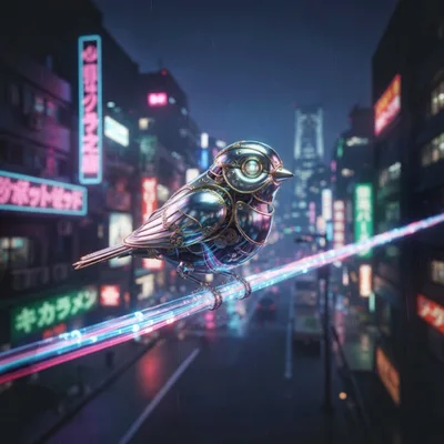 Mechanical Bird Perched On Glowing Neon Fiber Optic Cable