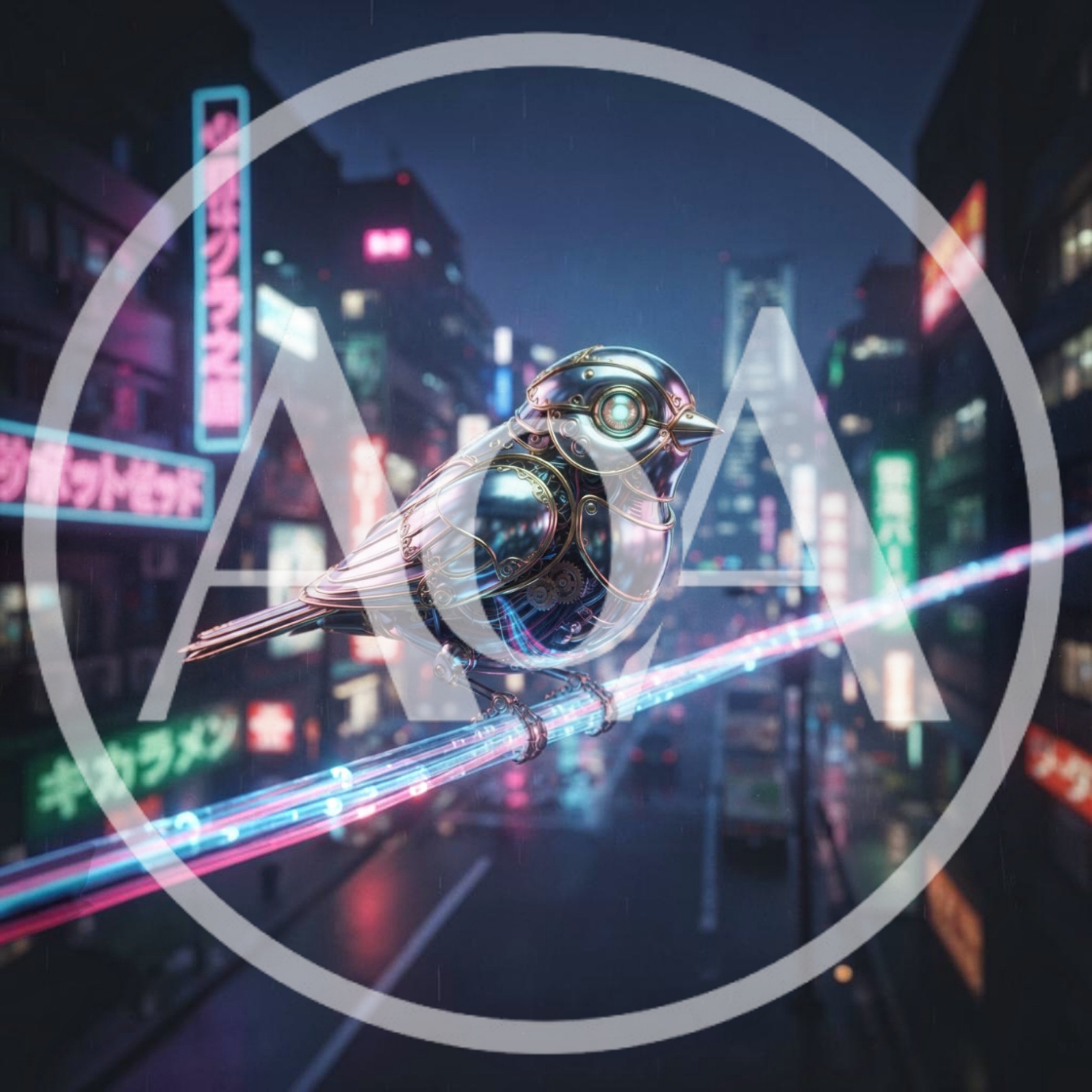 Mechanical Bird Perched On Glowing Neon Fiber Optic Cable