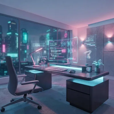 Futuristic Office Workspace With Holographic Data Interface