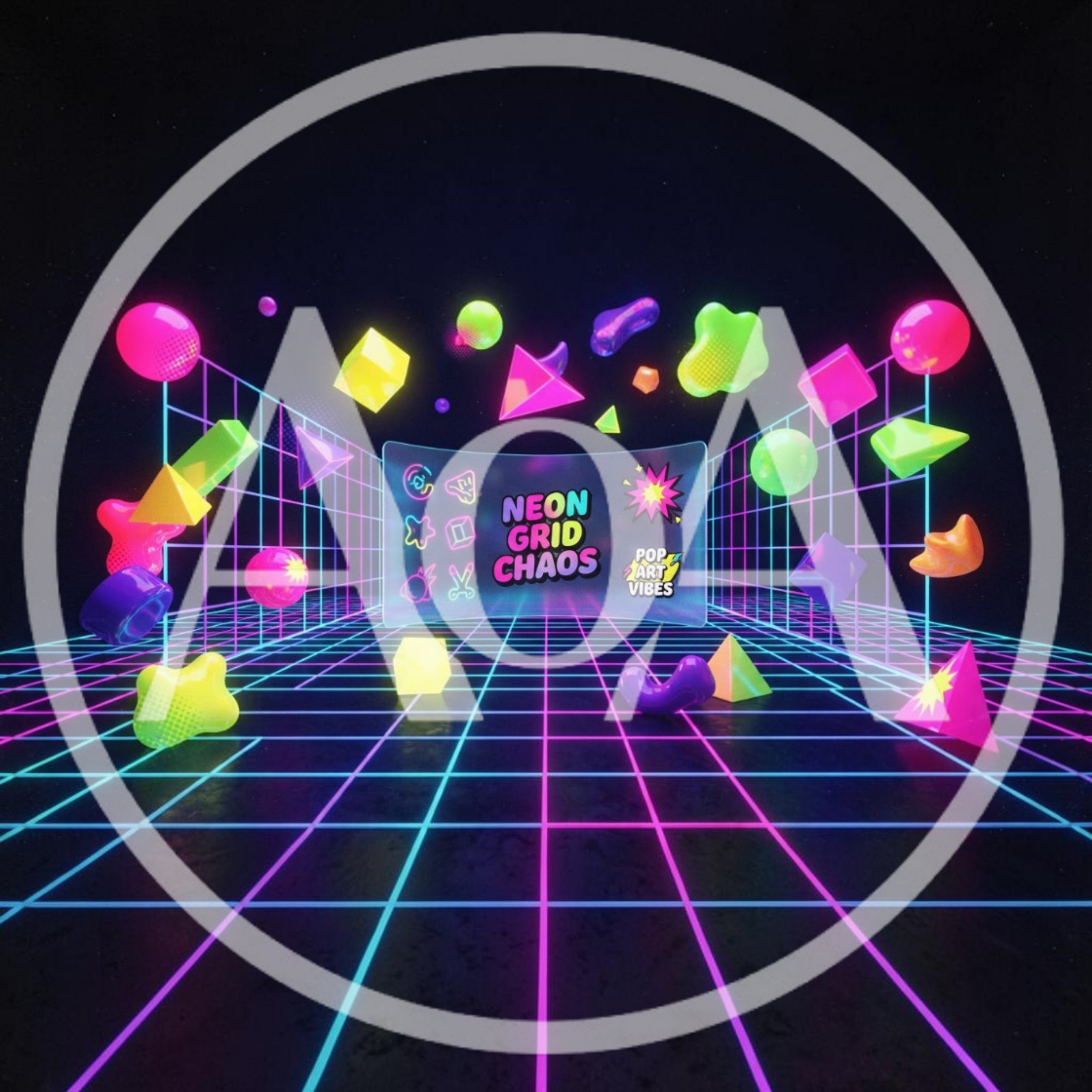 Neon Grid Chaos Abstract 3D Geometric Shapes