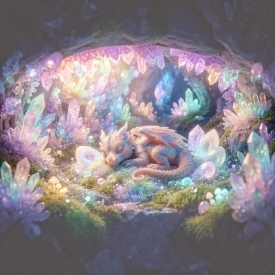 Sleeping Baby Dragon In A Magical Crystal Cave