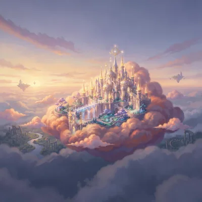 Fantasy Castle Floating On Clouds At Sunset
