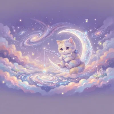 Cute Kitten Fishing for Stars on a Crescent Moon