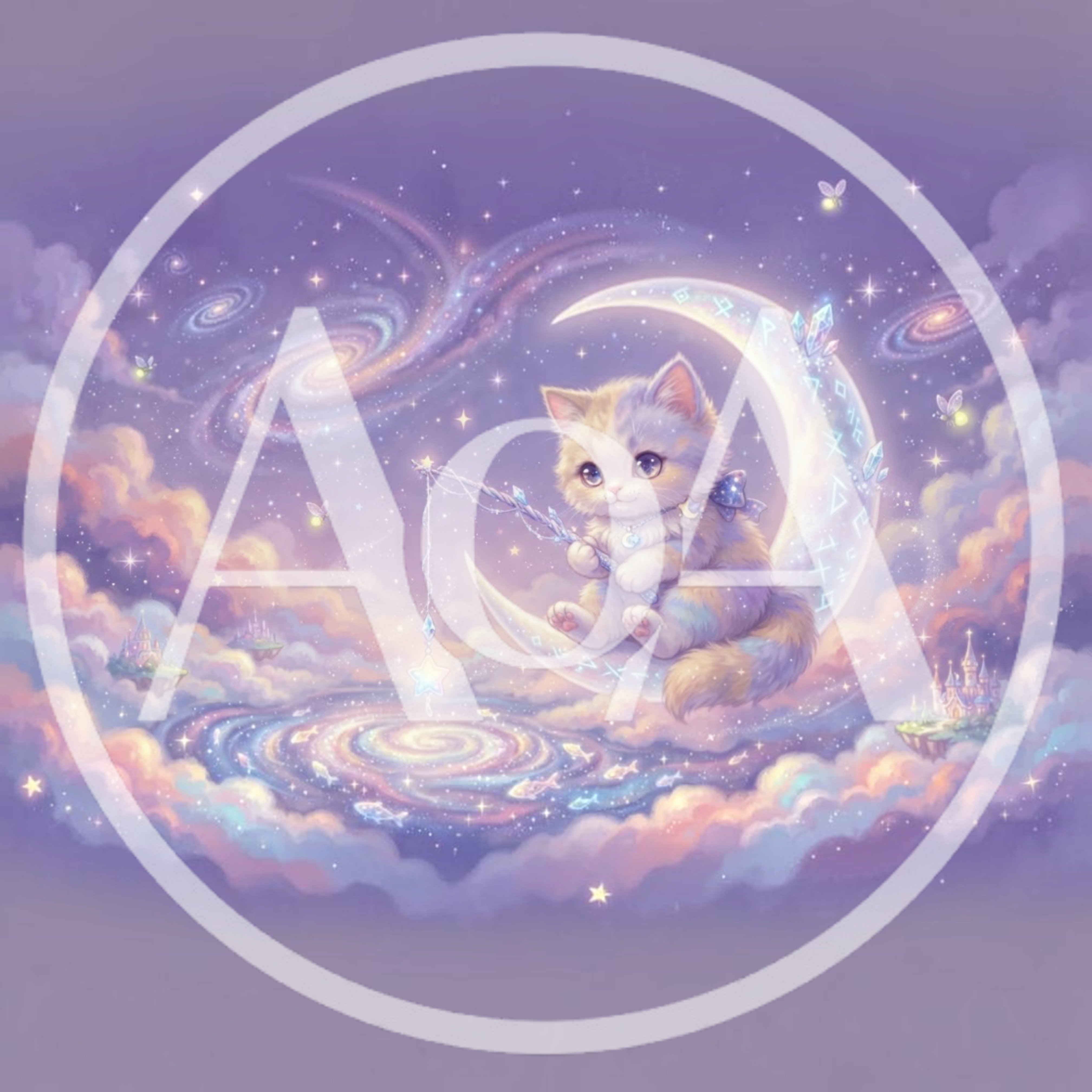 Cute Kitten Fishing for Stars on a Crescent Moon