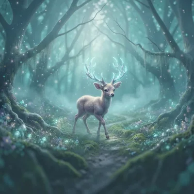 Magical White Deer In Enchanted Glowing Forest