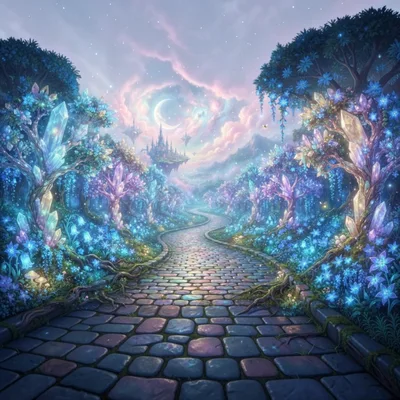 Enchanted Crystal Forest Path Leading To Floating Castle