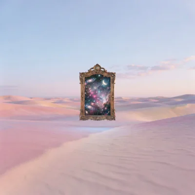 Surreal Ornate Mirror Floating Above A Pastel Desert Landscape