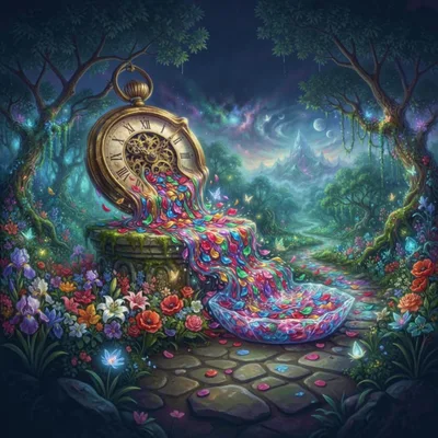 Surreal Fantasy Landscape With Magical Clock And Petals