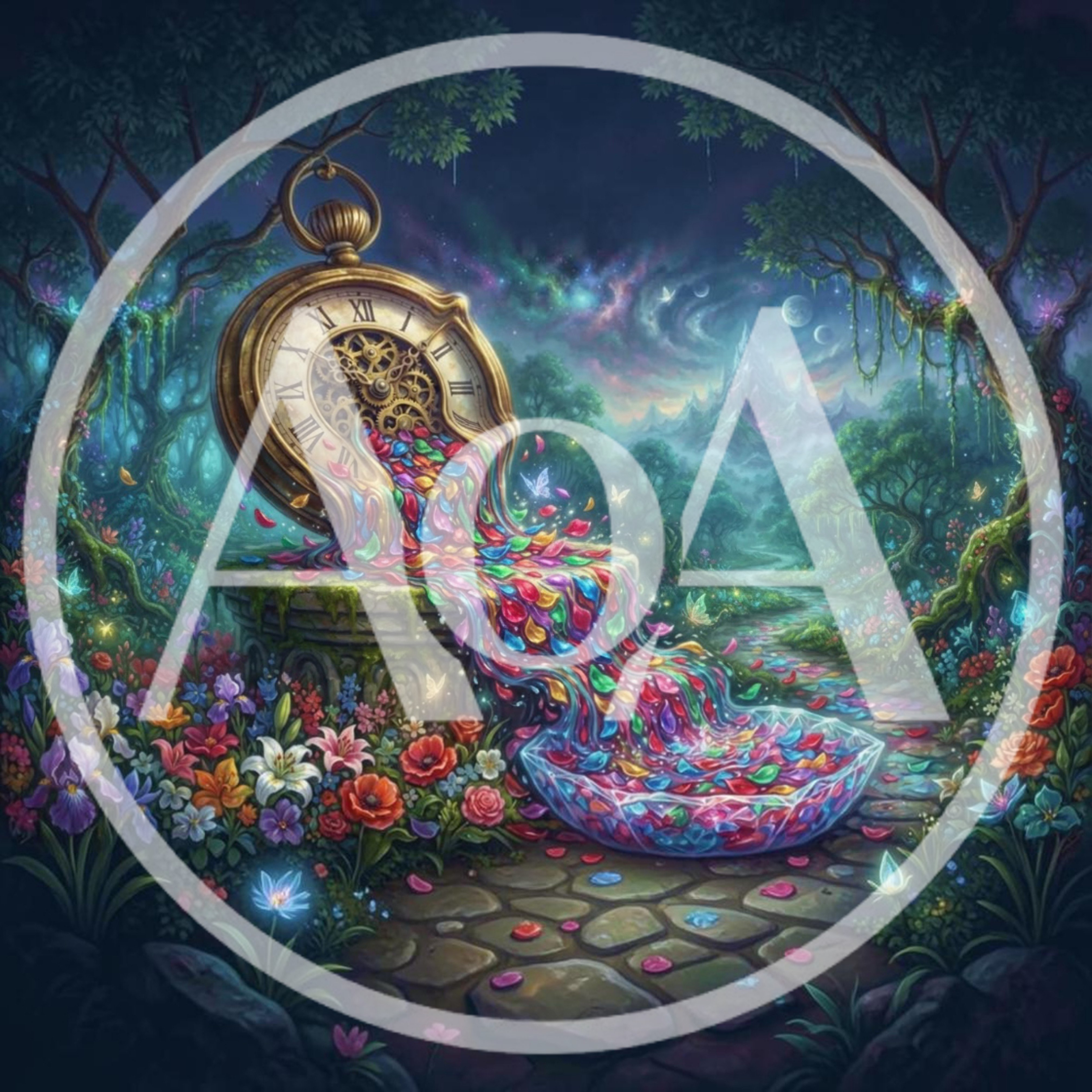 Surreal Fantasy Landscape With Magical Clock And Petals
