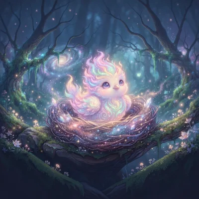 Cute Fantasy Phoenix Chick Sitting In Cosmic Nest